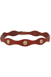 Etro women’s brown leather belt with wavy design and gold-toned circular studs