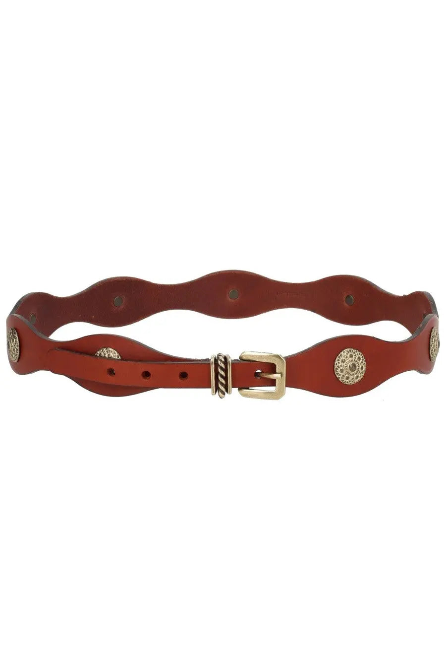 Etro women’s leather belt brown with wavy edge, circular metallic studs, and gold-toned buckle in rich brown leather