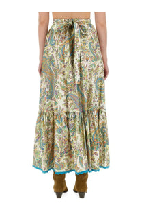 Etro women’s long cream maxi skirt with vibrant teal olive and purple paisley floral pattern and turquoise scalloped hem