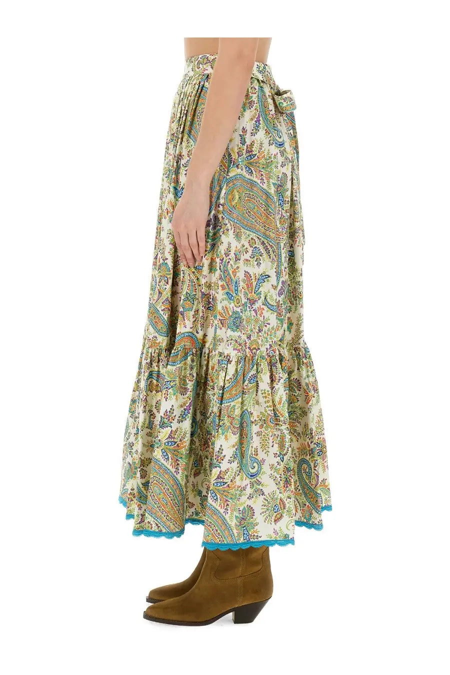 Etrou women’s cream-colored maxi skirt with vibrant teal gold paisley pattern ruffled tiers and fabric tie waist