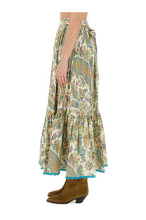 Etrou women’s cream-colored maxi skirt with vibrant teal gold paisley pattern ruffled tiers and fabric tie waist