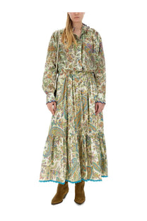 Etno women’s long skirt green in cream with paisley floral patterns and turquoise ruffled hem in tiered maxi style