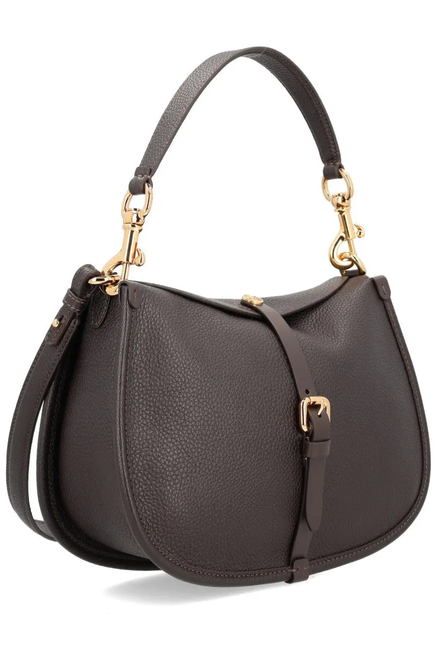 Etrou women’s medium pony bag in dark brown pebbled leather with gold-tone hardware and top handle