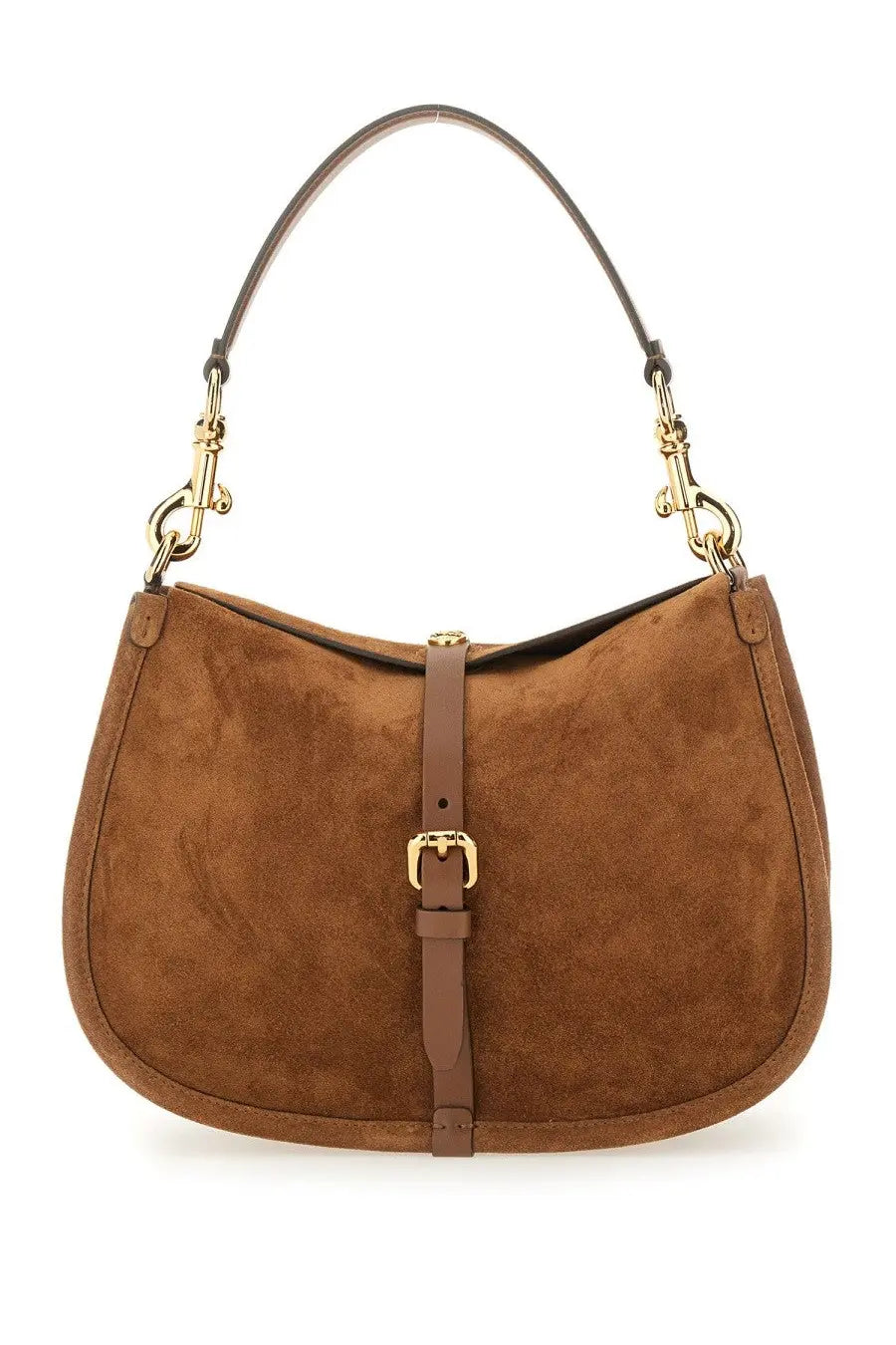 Brown suede etro women’s medium pony bag with gold-tone hardware and central strap buckle