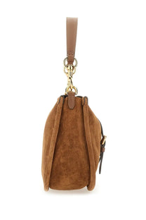 Etro women’s medium pony bag brown tan suede bucket bag with matching leather handle and gold tone hardware