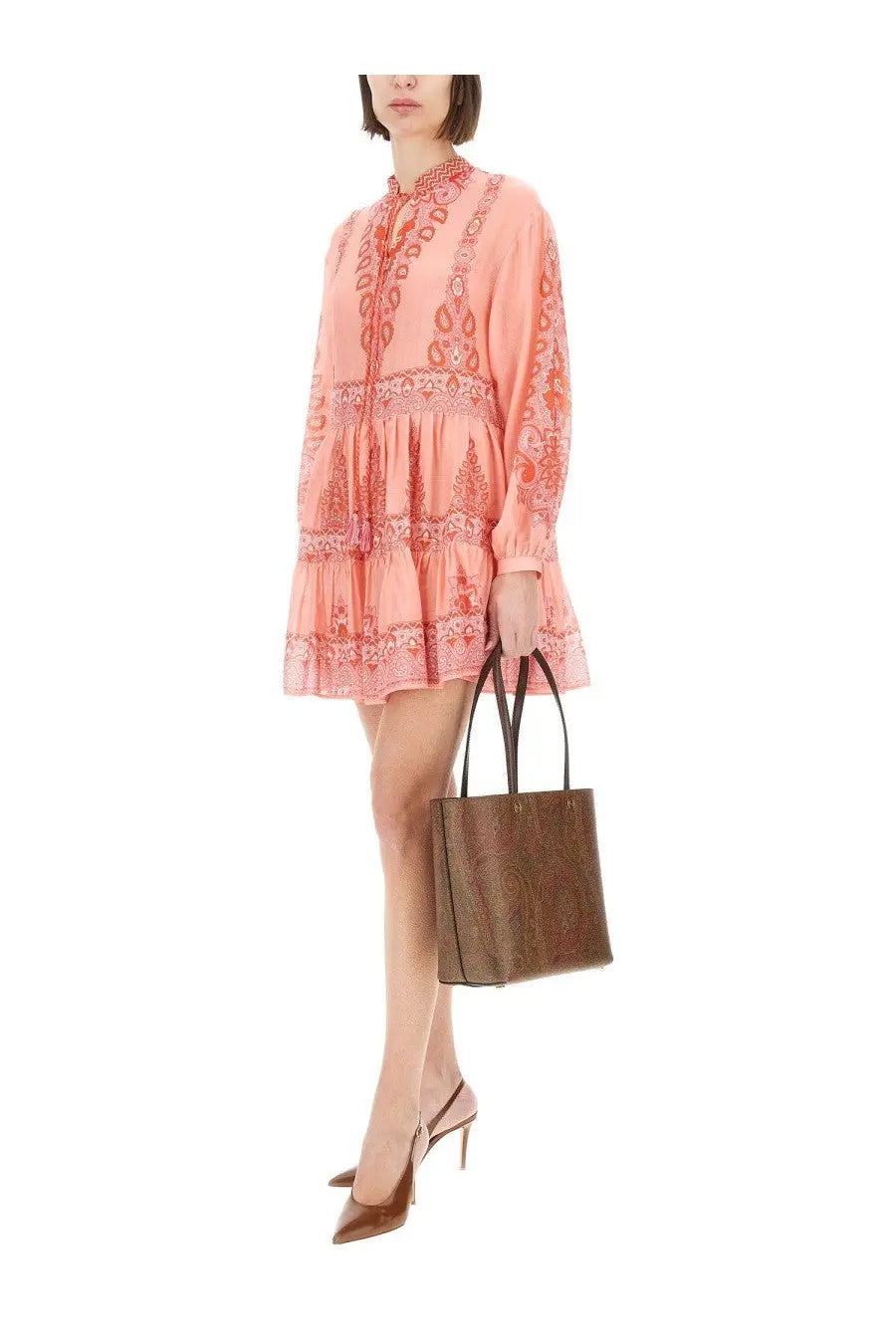 Brown textured tote bag with black handles complementing etro women’s mini dress blue outfit