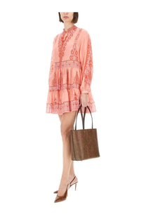Brown textured tote bag with black handles complementing etro women’s mini dress blue outfit
