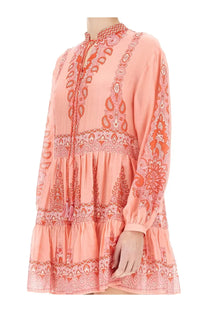 Etro women’s mini dress blue soft peach with intricate orange and white paisley embroidery on neckline sleeves hemline