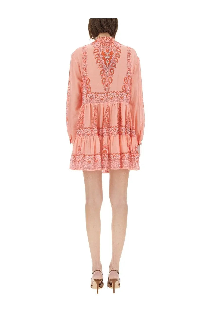 Etro women’s mini dress blue showing the back of a soft peach long-sleeved dress with red and white embroidery