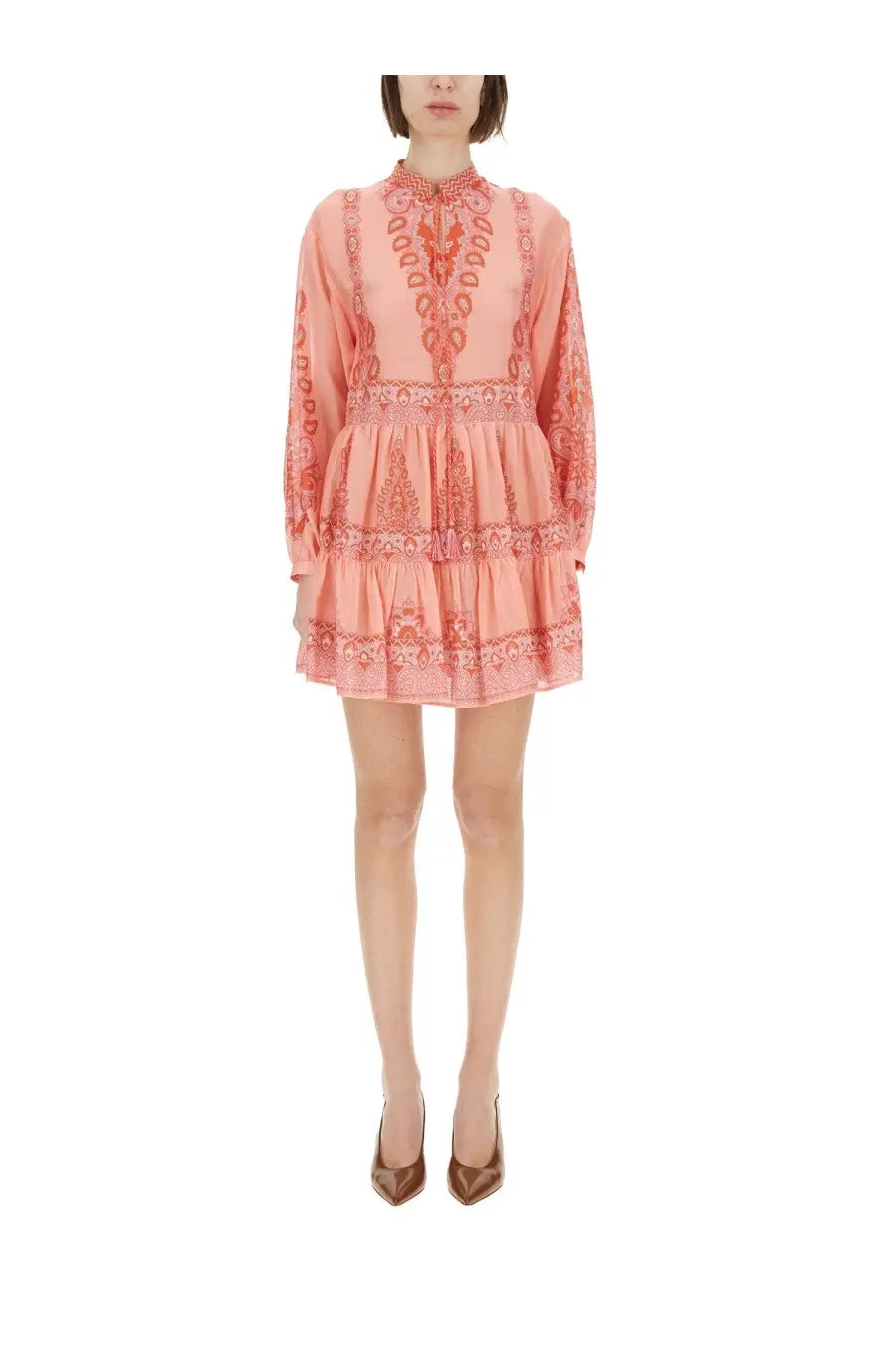 Etro women’s mini dress in soft peach with long sleeves and red embroidered patterns on neckline and hem