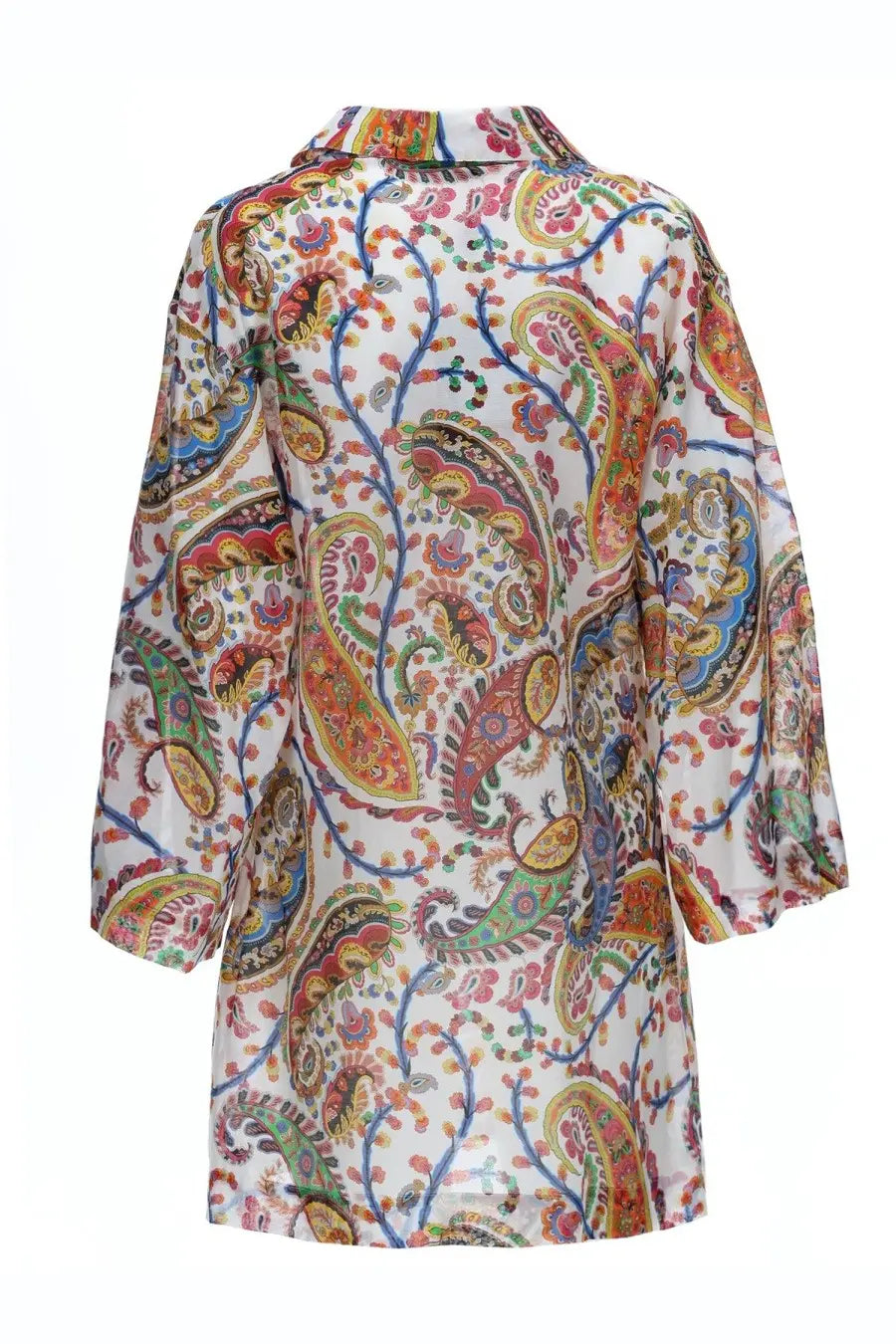Etro women’s mini dress featuring a vibrant long-sleeved blouse with colorful paisley pattern on white background