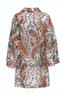 Etro women’s mini dress featuring a vibrant long-sleeved blouse with colorful paisley pattern on white background
