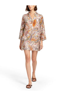 Etro women’s mini dress featuring a vibrant paisley pattern in orange pink and purple with short sleeves and button front