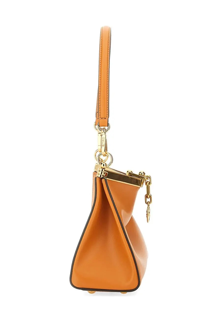 Etro women’s mini sail bag orange in sleek glossy leather with structured triangular shape and gold tone hardware