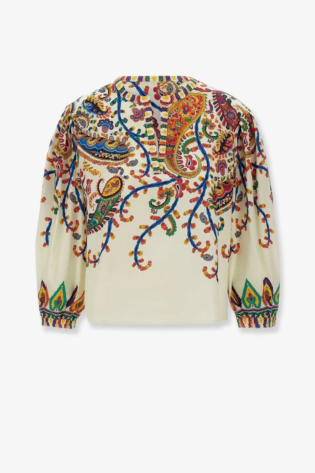 Cream-colored ETRO women’s cotton blouse with intricate gold blue green and red paisley embroidery