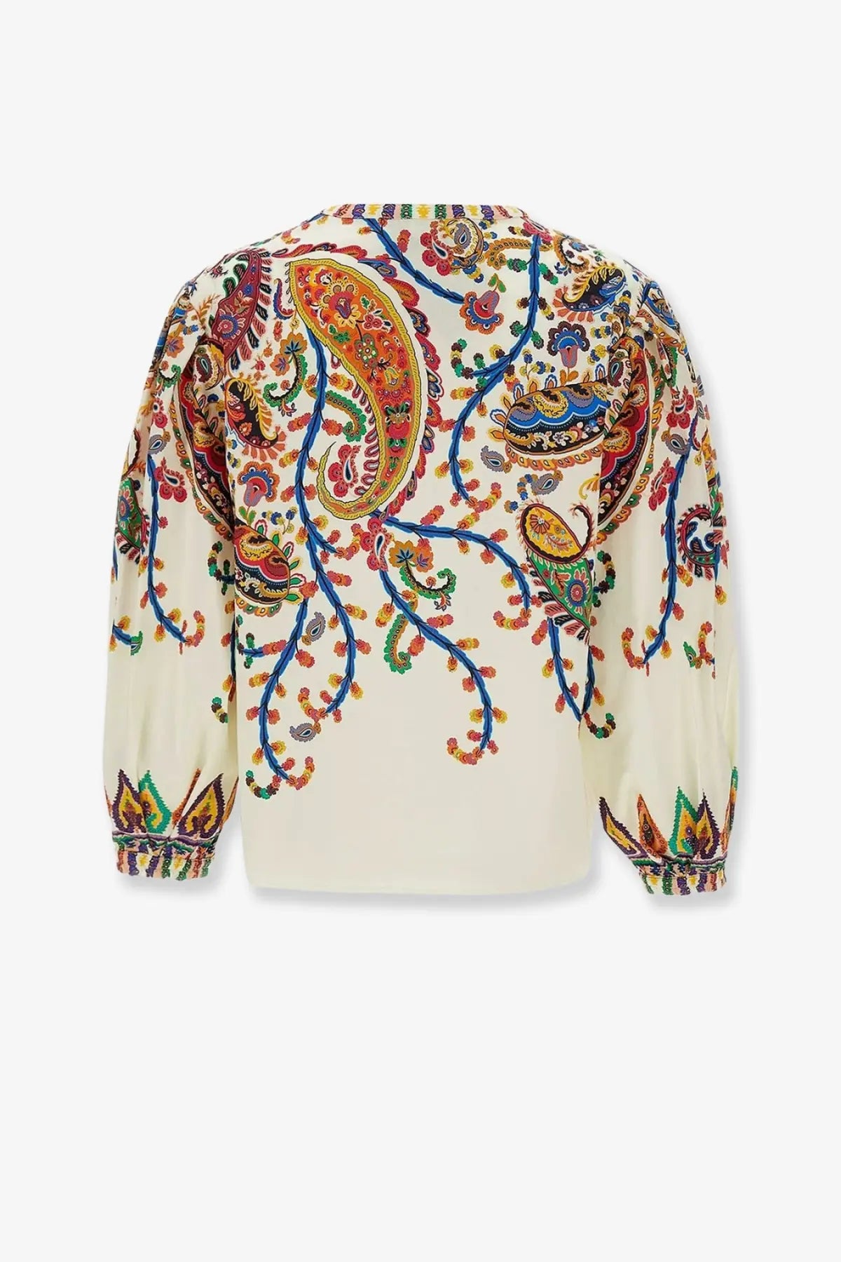 Etro women’s multicolor cotton shirt cream blouse with vibrant paisley pattern and embroidered cuffs