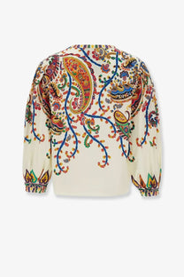 Etro women’s multicolor cotton shirt cream blouse with vibrant paisley pattern and embroidered cuffs