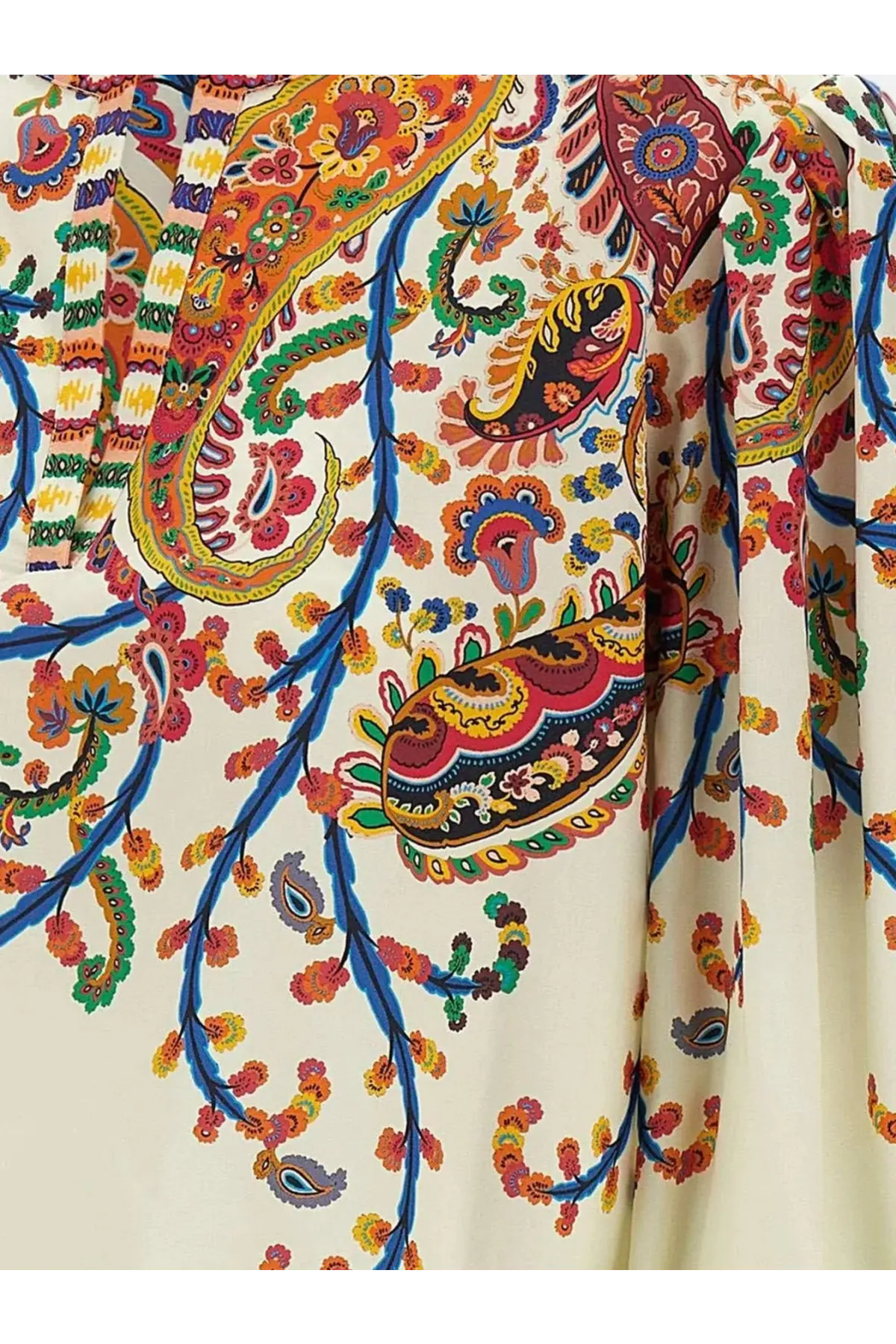 Etro women’s multicolor cotton cream blouse with bold paisley pattern in orange red blue green and yellow