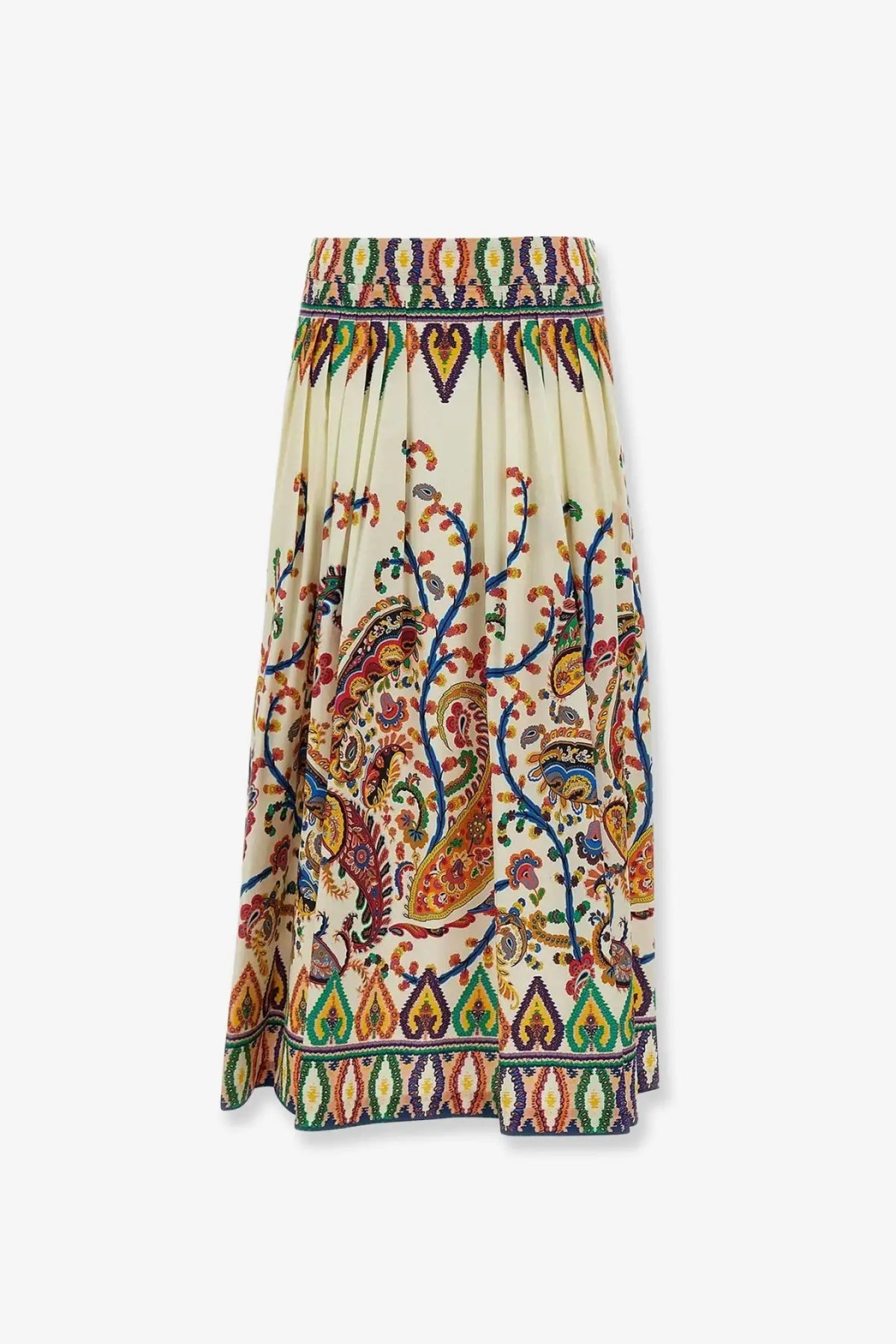 Etro women’s multicolor cotton skirt with cream base, intricate paisley floral patterns, and embroidered gold borders