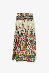 Etro women’s multicolor cotton skirt with cream base, intricate paisley floral patterns, and embroidered gold borders