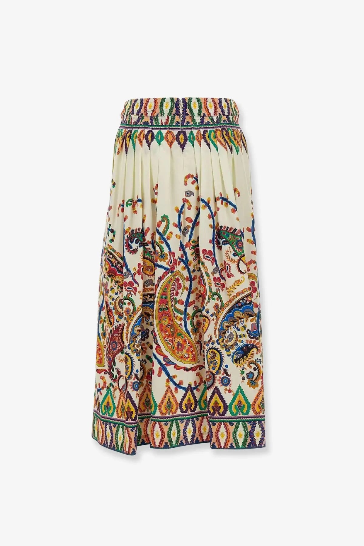 Etro women’s multicolor cotton flowing cream midi skirt with vibrant paisley pattern and embroidered borders