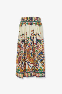 Etro women’s multicolor cotton flowing cream midi skirt with vibrant paisley pattern and embroidered borders