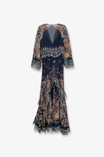 Etro women’s multicolor silk long dress featuring navy blue paisley patterns and ruffled sleeves and hem