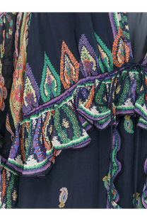 Navy blue ETRO women’s silk long dress with vibrant orange green purple paisley pattern and ruffled trim