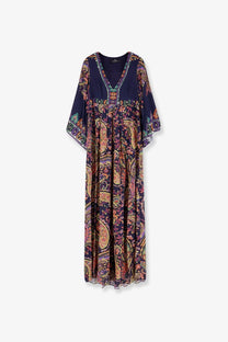 Etro women’s multicolor viscose long dress in navy blue with vibrant paisley pattern and embroidered neckline detailing