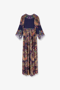 Etro women’s navy blue viscose long dress with vibrant gold purple green paisley pattern bell sleeves embroidered neckline