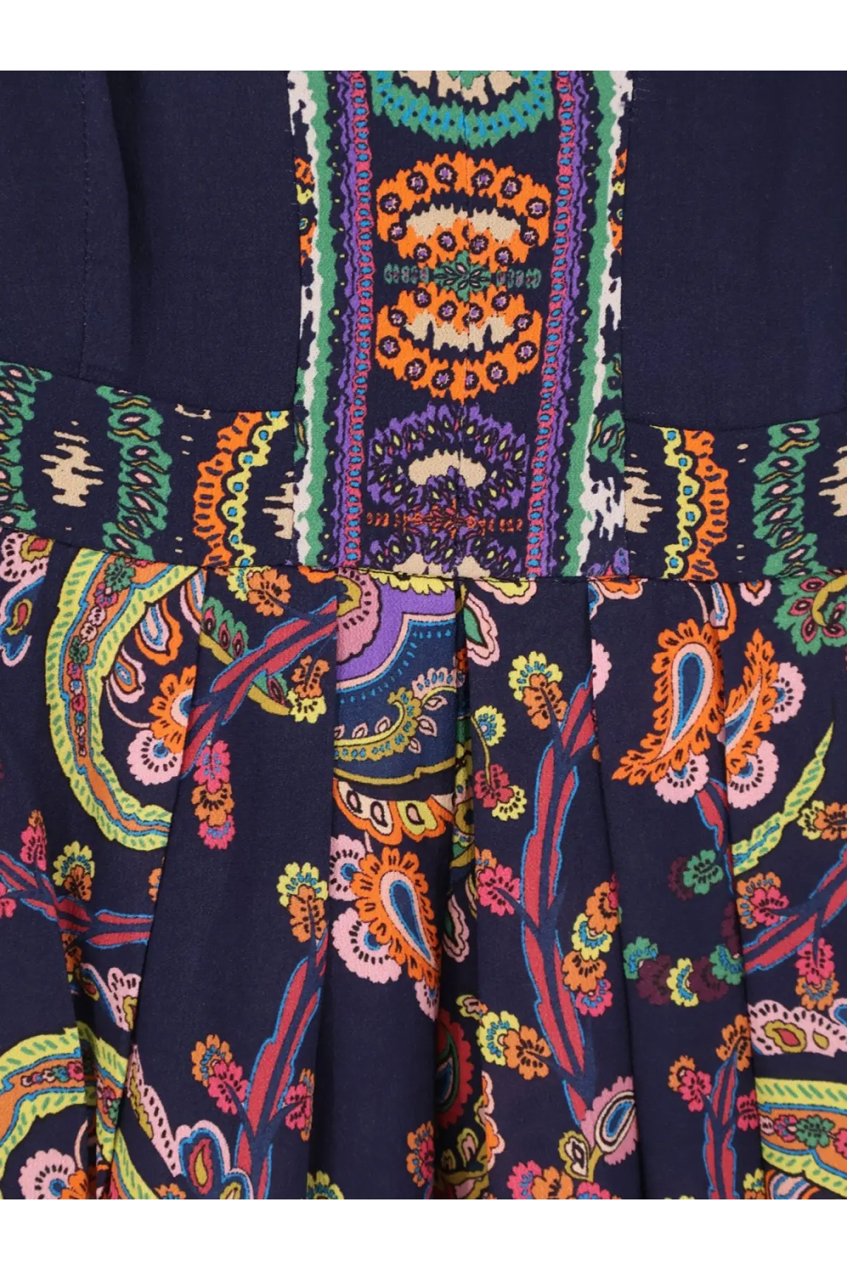 Etro women’s navy blue viscose long dress with vibrant paisley and floral pattern in orange purple green and pink