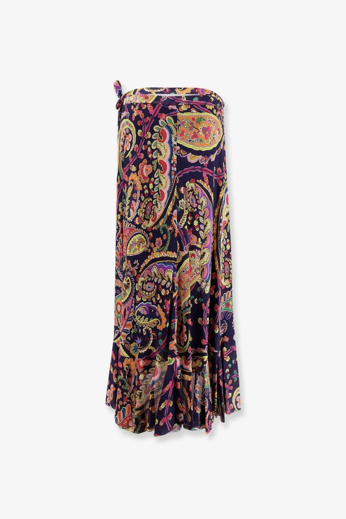 Etro women’s multicolor dark navy viscose wrap skirt with vibrant purple gold and pink paisley pattern