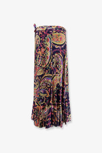Etro women’s multicolor dark navy viscose wrap skirt with vibrant purple gold and pink paisley pattern