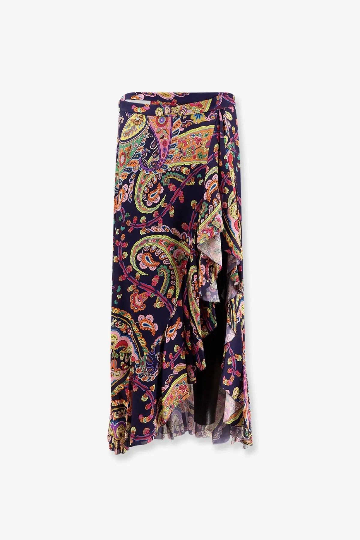Etro women’s multicolor viscose skirt with a navy blue high-waisted wrap and intricate paisley pattern in pink gold and green