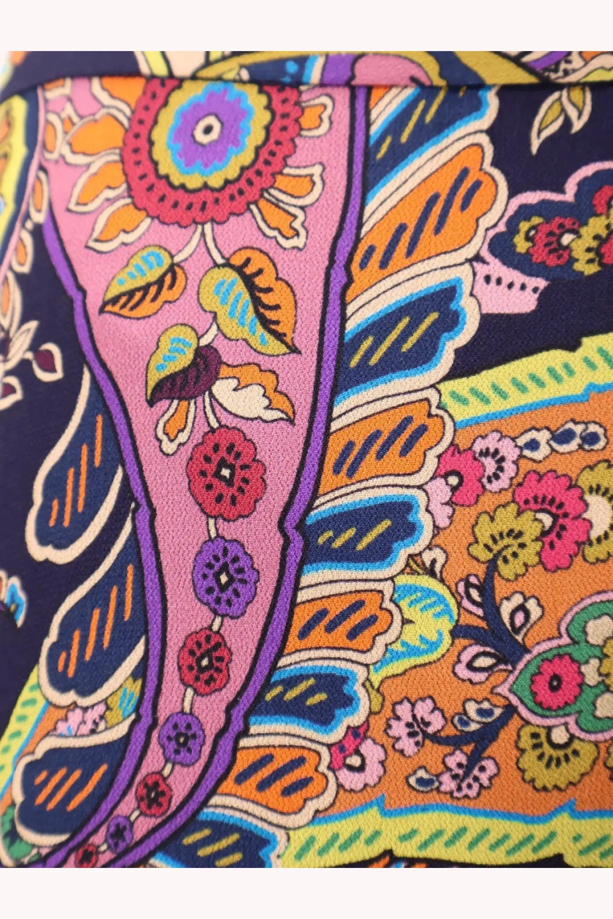 Etro women’s multicolor viscose skirt with vibrant paisley pattern in pink orange and navy featuring floral and leaf motifs