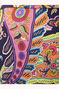 Etro women’s multicolor viscose skirt with vibrant paisley pattern in pink orange and navy featuring floral and leaf motifs