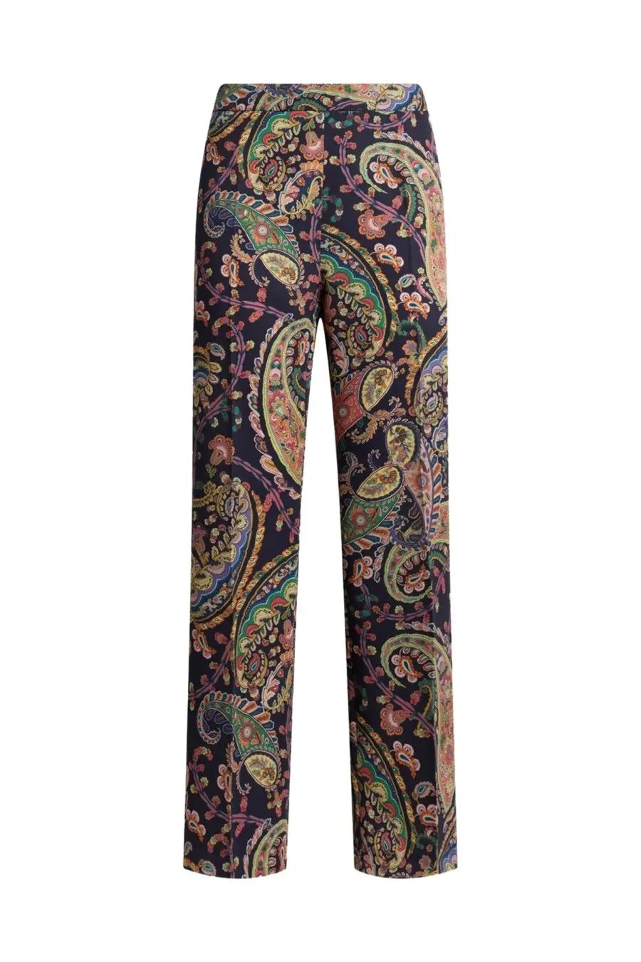 Etro women’s paisley foliage bootcut pants in dark navy with vibrant green gold pink and beige intricate paisley pattern
