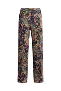Etro women’s paisley foliage bootcut pants in dark navy with vibrant green gold pink and beige intricate paisley pattern