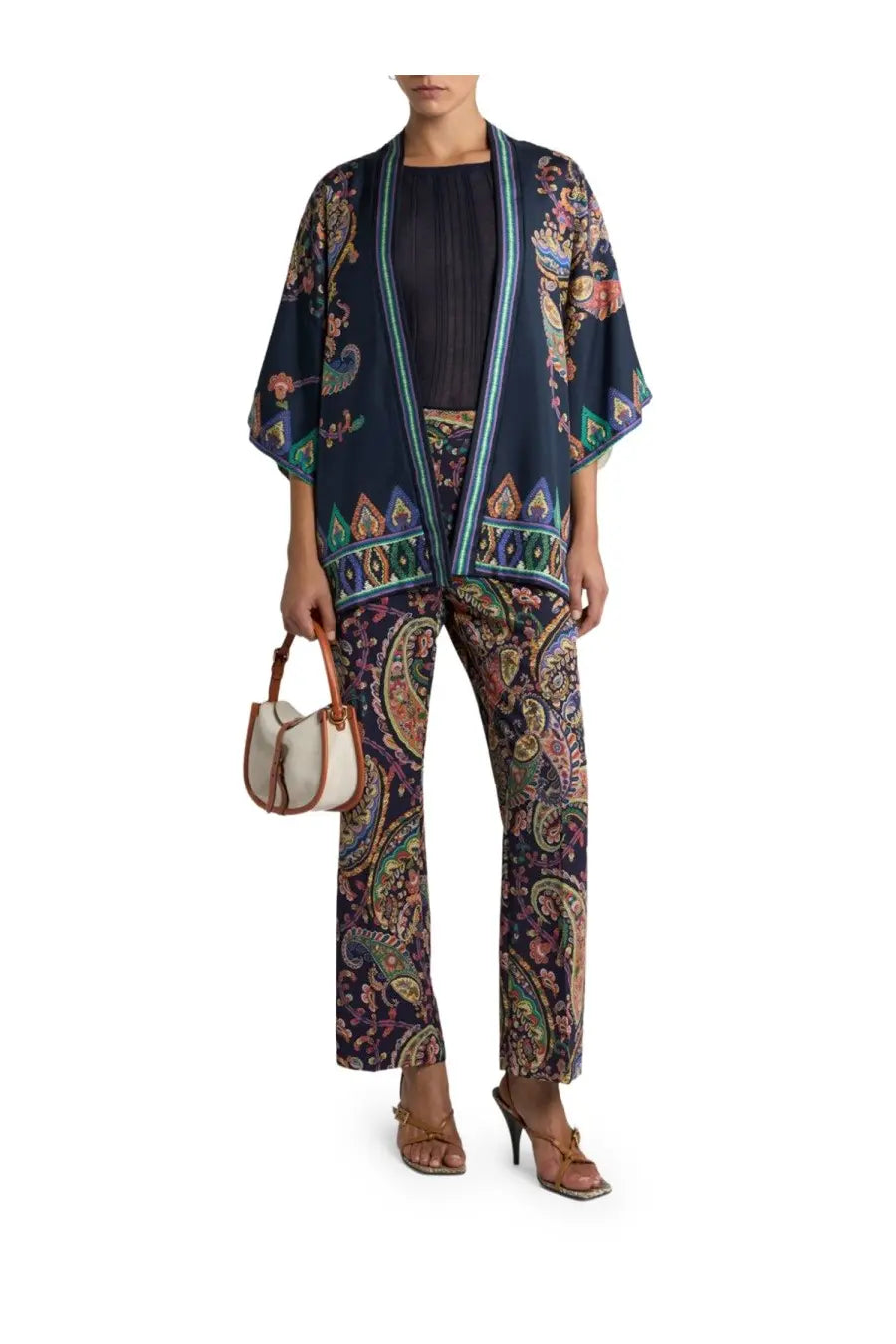 Navy blue silk kimono with intricate paisley and geometric patterns in vibrant green gold and coral from Etro
