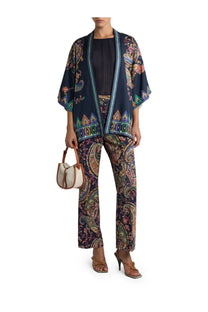 Navy blue silk kimono with intricate paisley and geometric patterns in vibrant green gold and coral from Etro