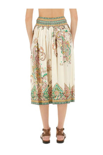Etro women’s cream-colored midi skirt with intricate green brown gold paisley print and embroidered waistband