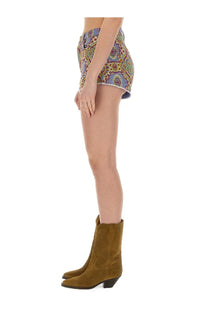 Etro women’s high-waisted denim shorts with vibrant purple green and gold paisley print multicolor design