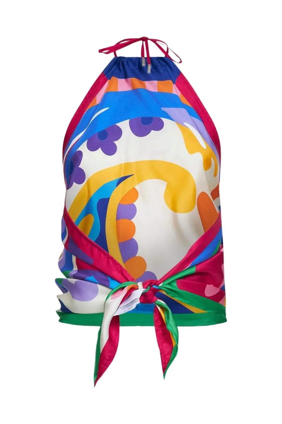Etro women’s paisley print silk top in multicolor with vibrant abstract swirls and a tied bow at the front