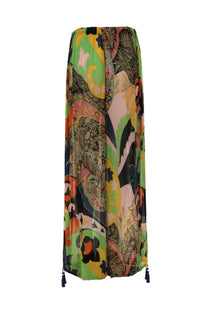 Etro women’s multicolor flowing maxi skirt with bold paisley botanical print and navy blue tassels at hem