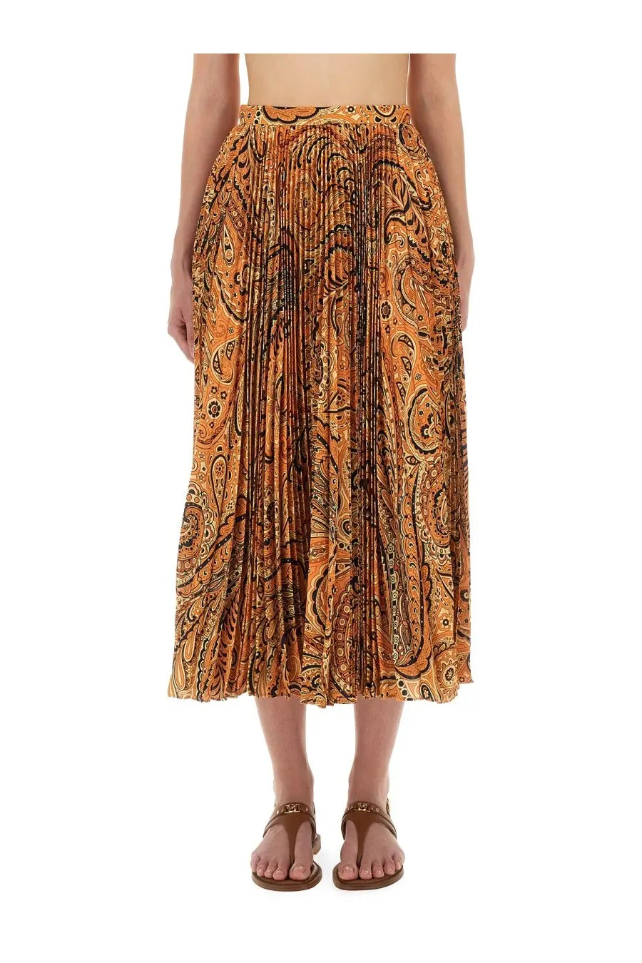 Etro women’s pleated sablé midi skirt in vibrant orange with black and gold paisley patterns