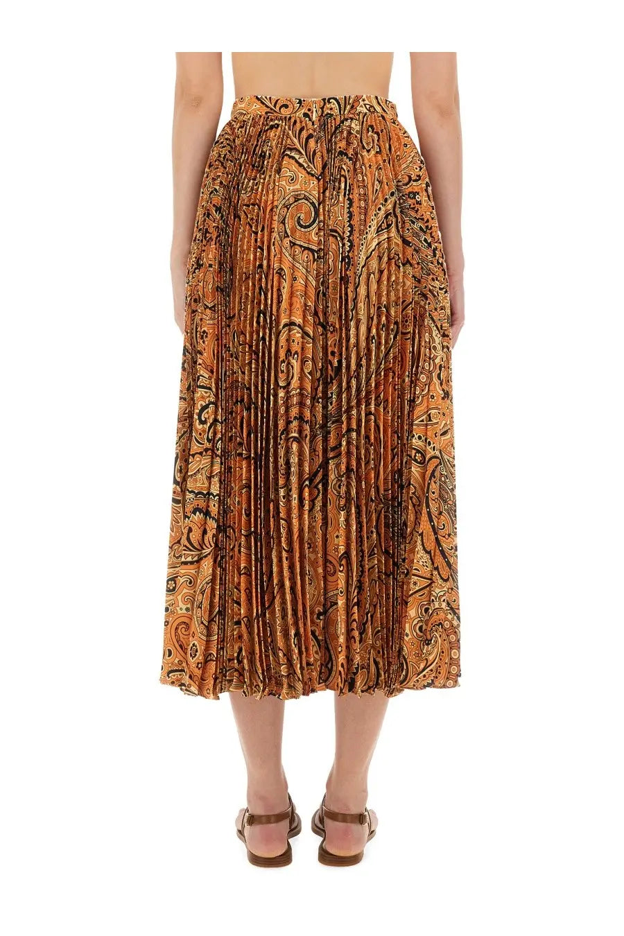 Etro women’s pleated sablé midi skirt in vibrant orange with intricate black paisley patterns and flowing texture