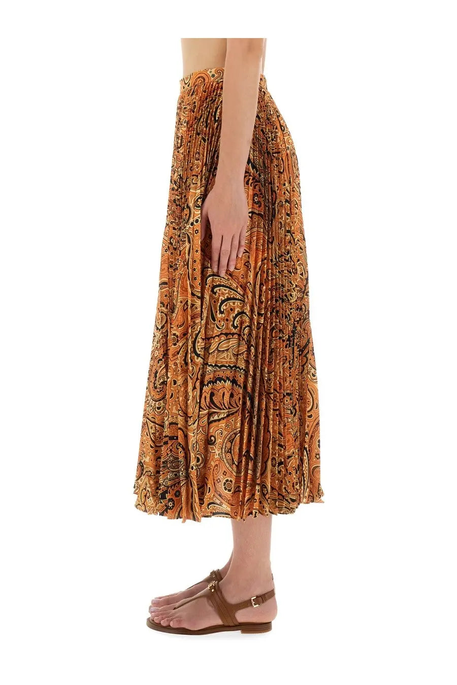 Etro women’s pleated sablé skirt in vibrant orange with black and gold paisley patterns and flowing midi length