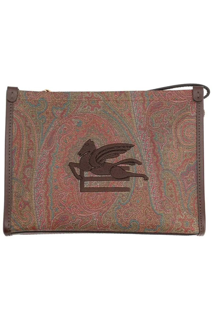 Etro women’s brown leather-trimmed clutch with red green beige paisley pattern and embroidered dark brown pegasus logo