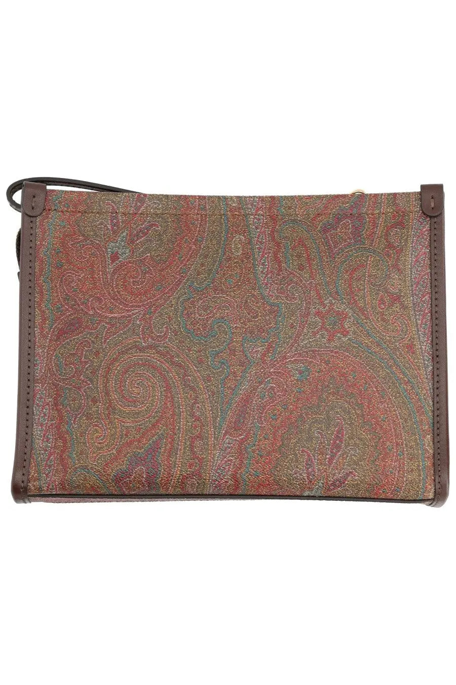 Etro women’s pouch arnica brown rectangular clutch with paisley pattern in red brown green fabric and dark brown leather trim