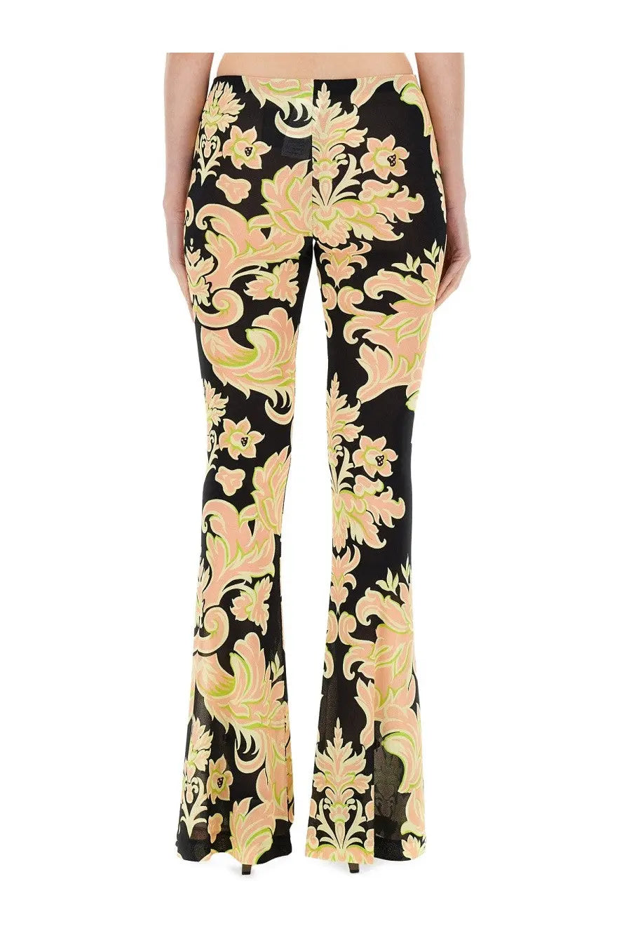Etro women’s printed jersey black flared trousers with bold peach and lime green floral damask pattern